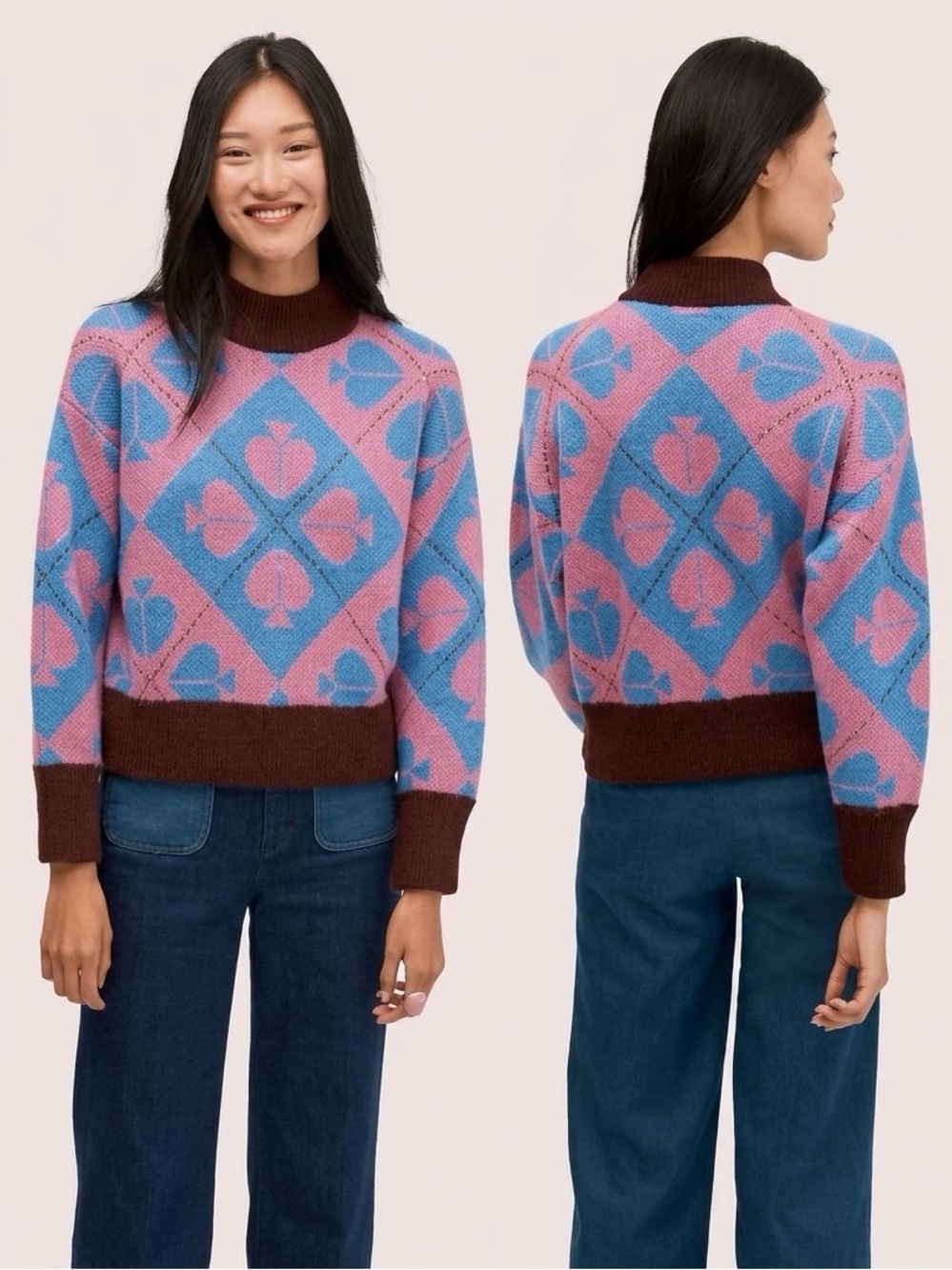 Kate Spade NWOT Mohair Blend Metallic Spade Geo Argyle Mock Neck Sweater XXS New